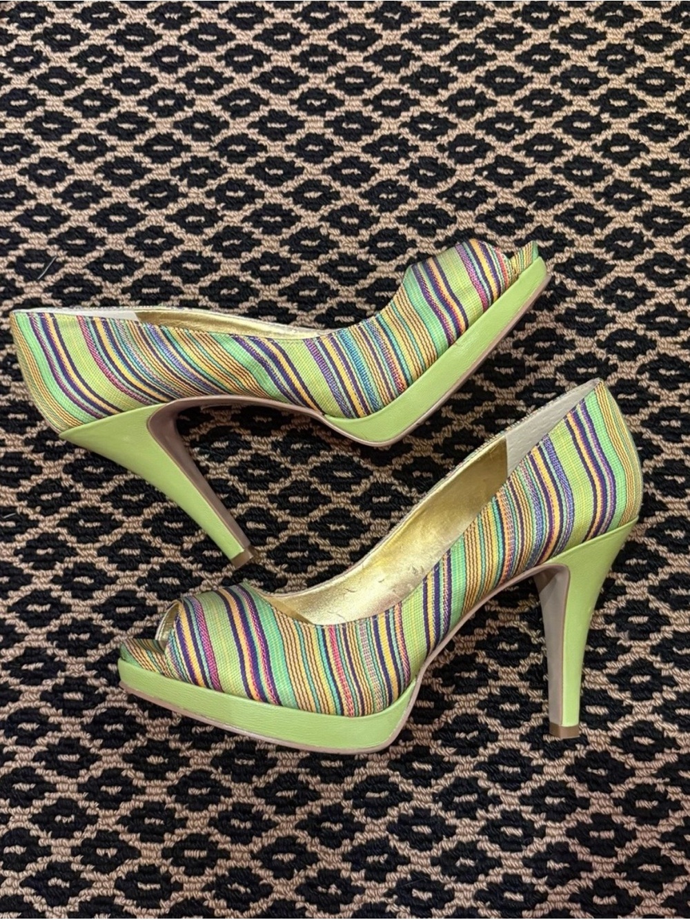 Striped Multicolor Peep-Toe High Heels in Lime Green
